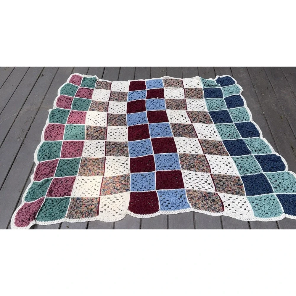 Vintage Handmade Crochet Granny Square Afghan Blanket 60x60 Scalloped Edge
